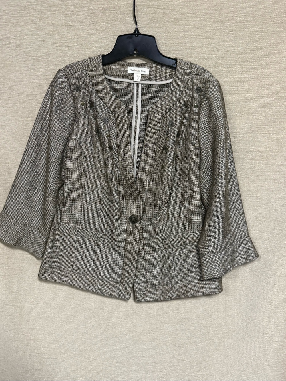 Coldwater Creek Taupe Herringbone Stud-Accent Open Jacket